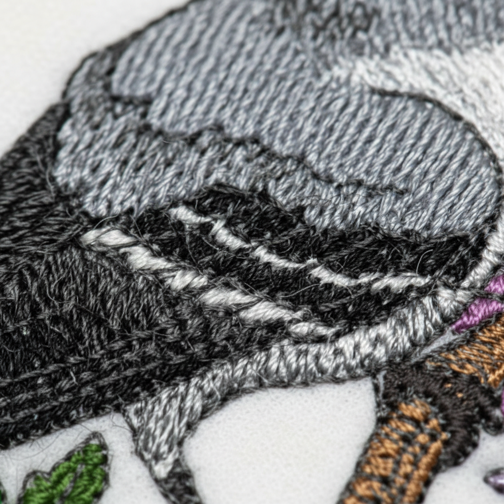 Extreme macro close-up of gray and white embroidery stitching detail