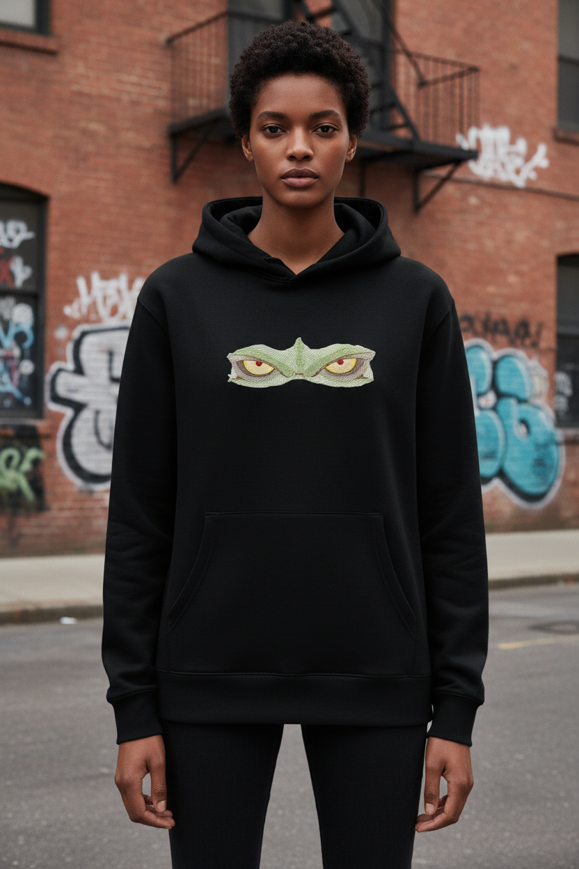 Fashion photo showing patch on hoodie chest placement