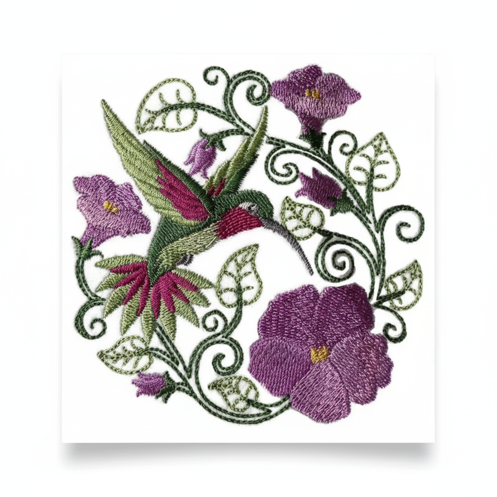 Hummingbird and purple flowers embroidered patch on white background