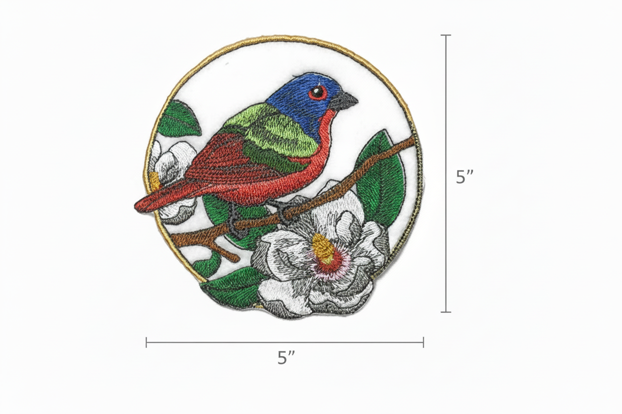 Painted bunting patch with size measurement guide showing 3.9 inch dimensions
