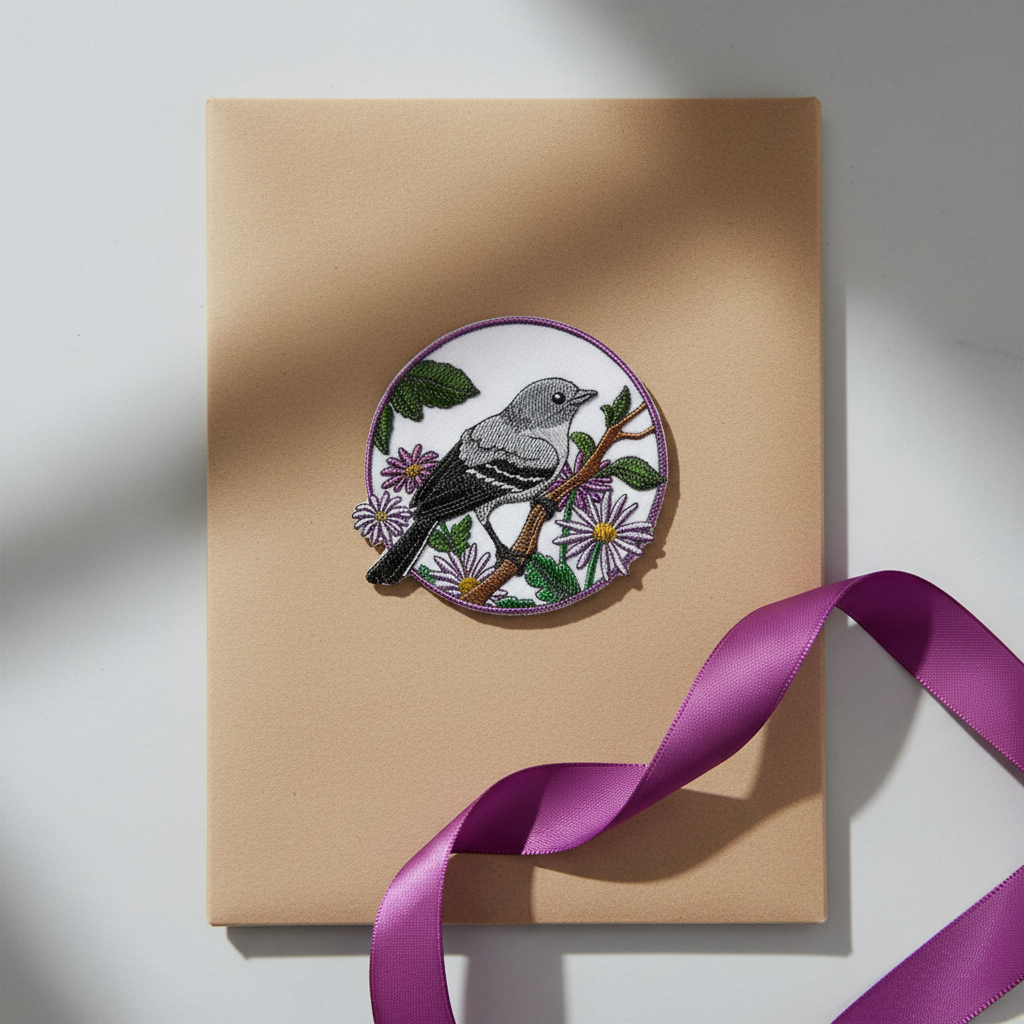 Mockingbird patch gift presentation on kraft paper with ribbon