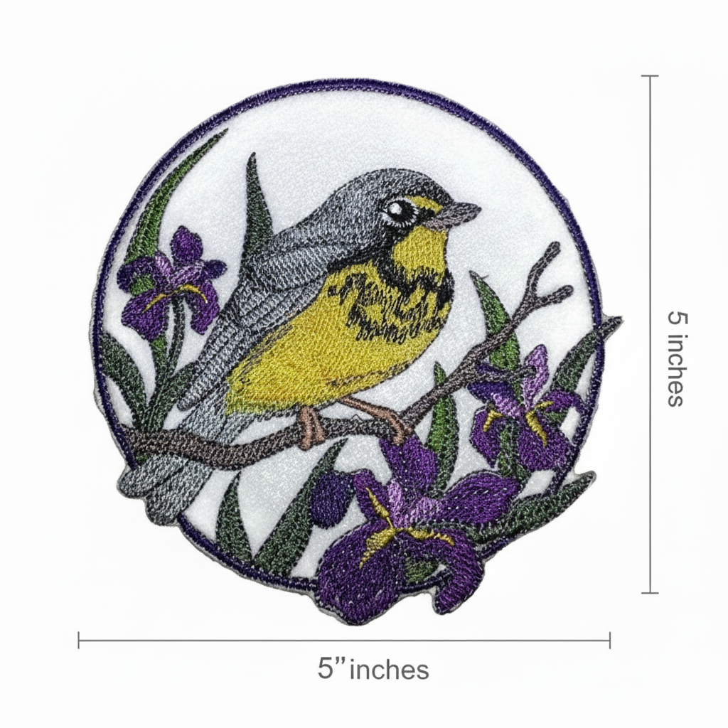 Canada warbler patch with size measurement guide showing 3.9 inch dimensions