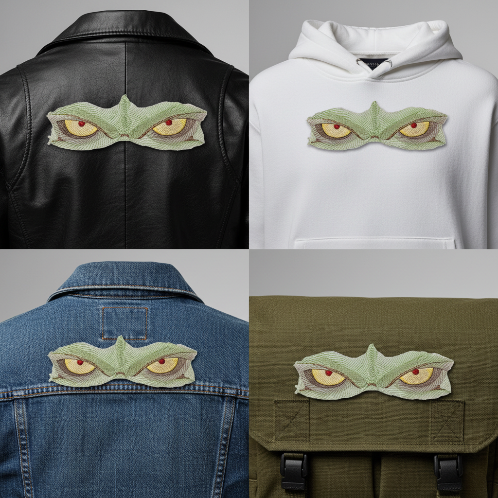 Comparison grid showing patch on different fabrics and garments