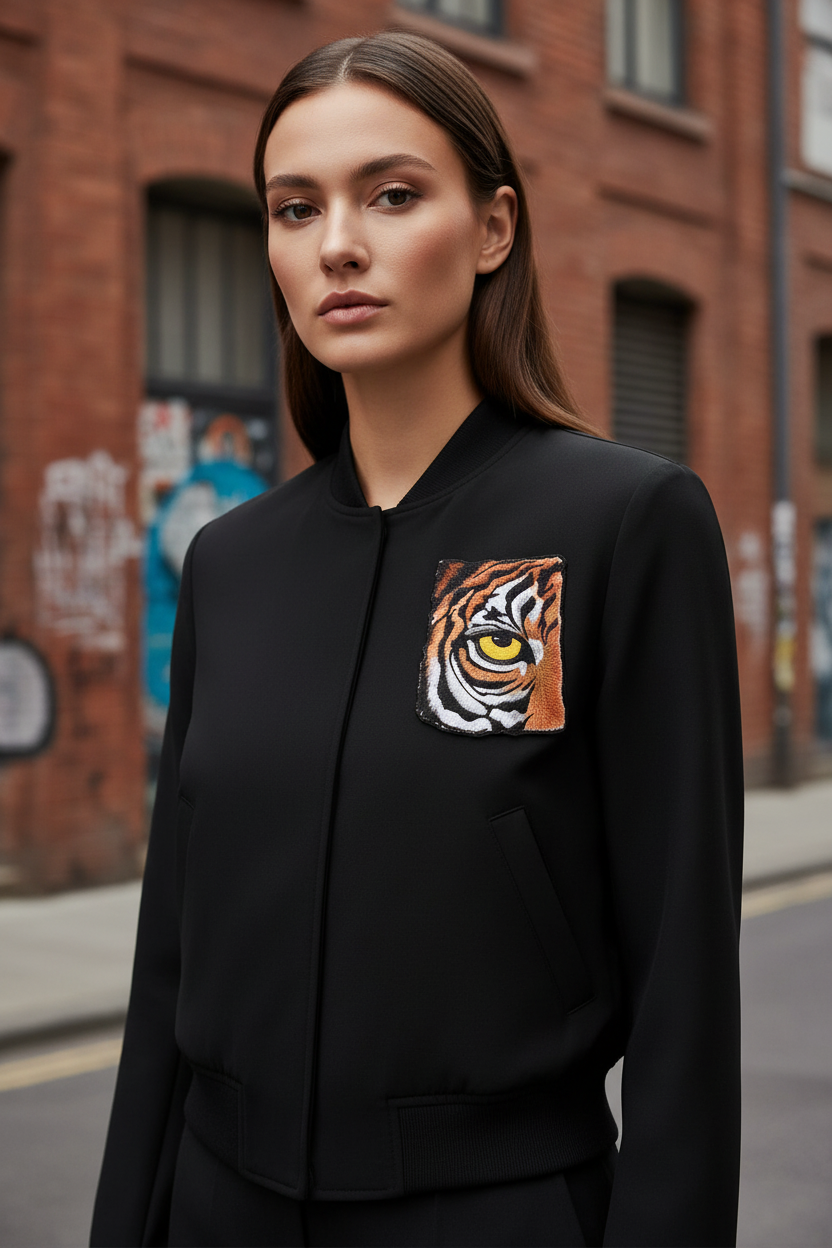 Fashion photo showing tiger eye patch on jacket chest placement