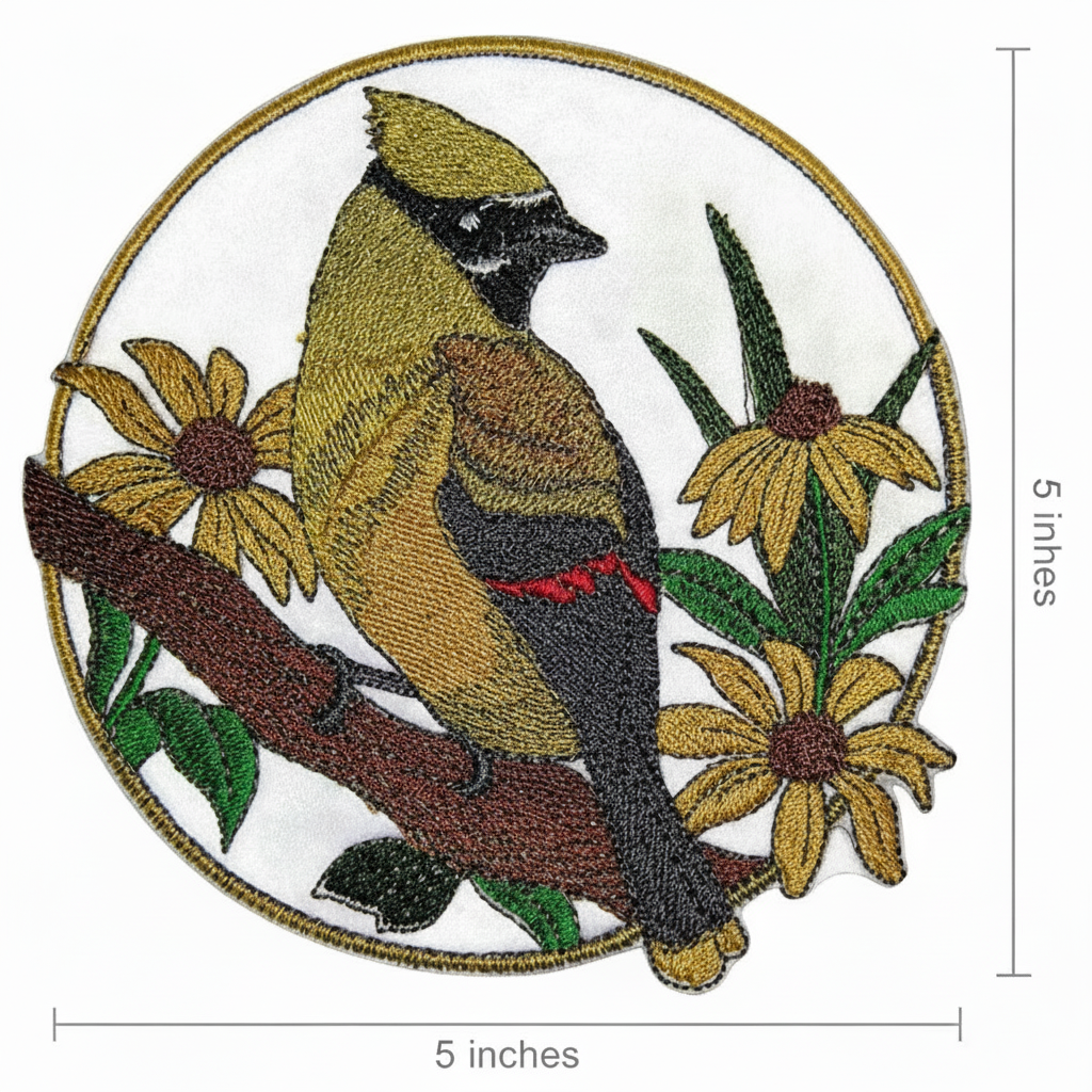 Cedar waxwing patch with size measurement guide showing 3.9 inch dimensions