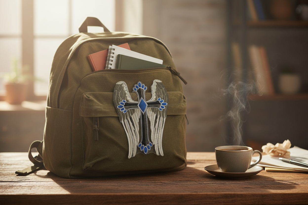 Winged cross patch on canvas backpack