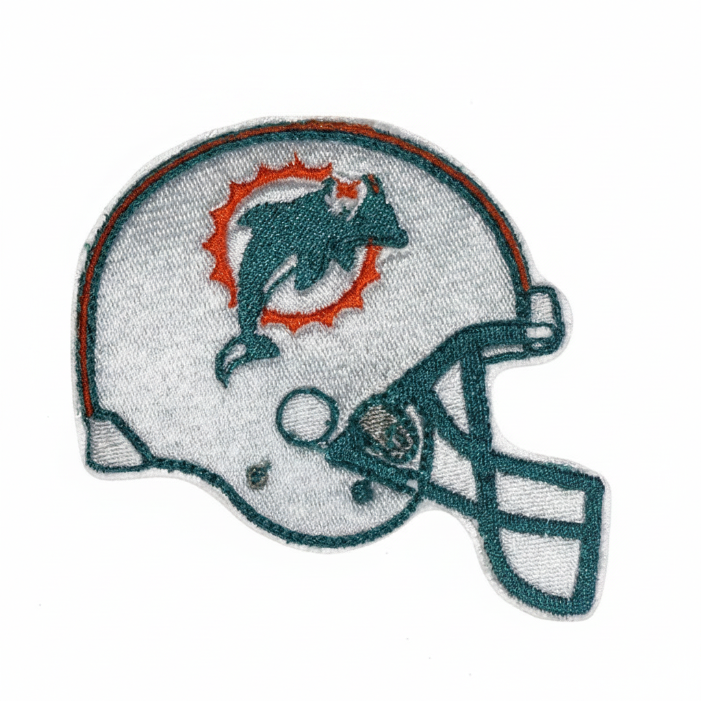 Miami Dolphins white football helmet embroidered patch on a white background