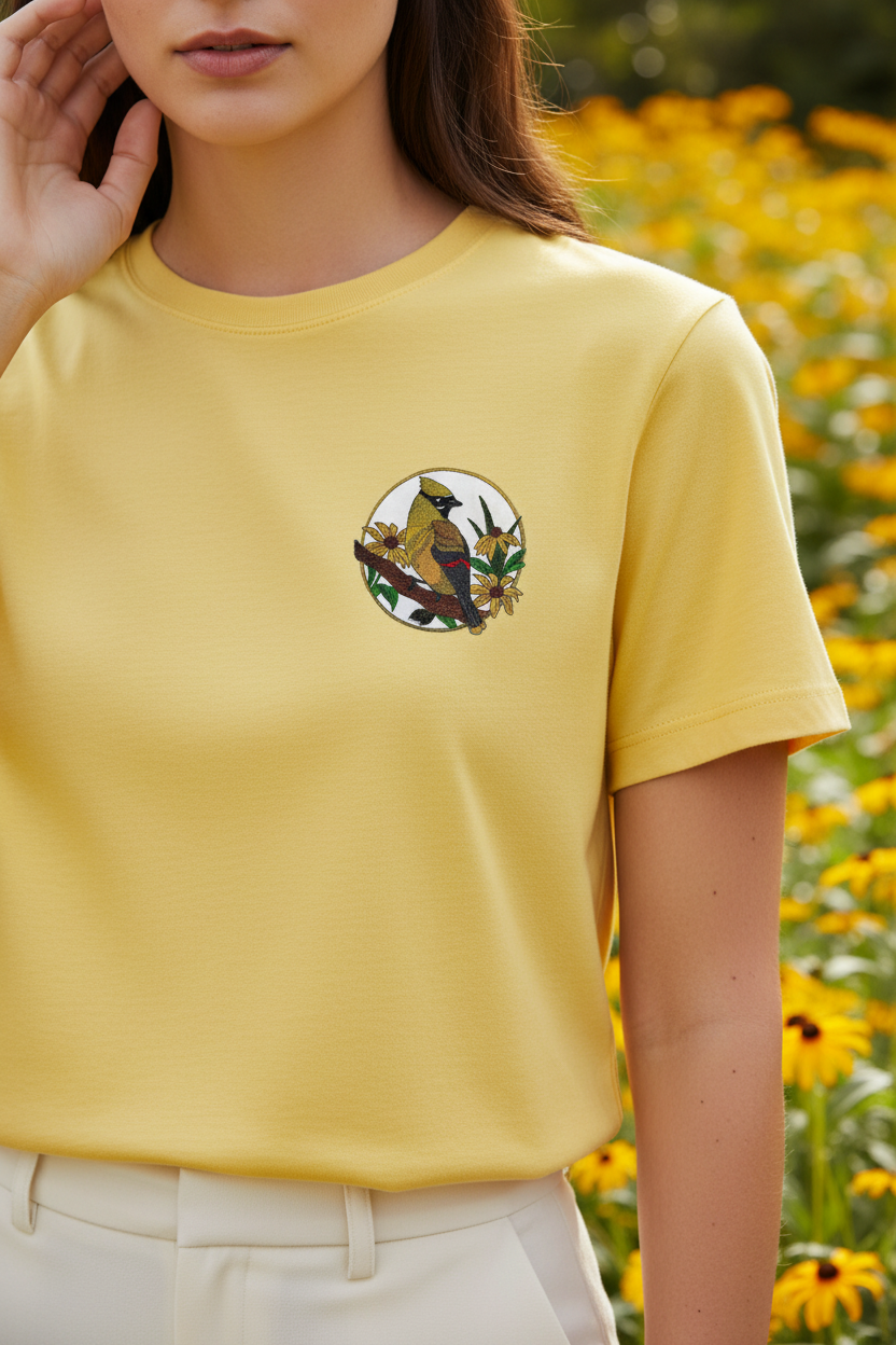 Model wearing t-shirt with cedar waxwing patch on chest