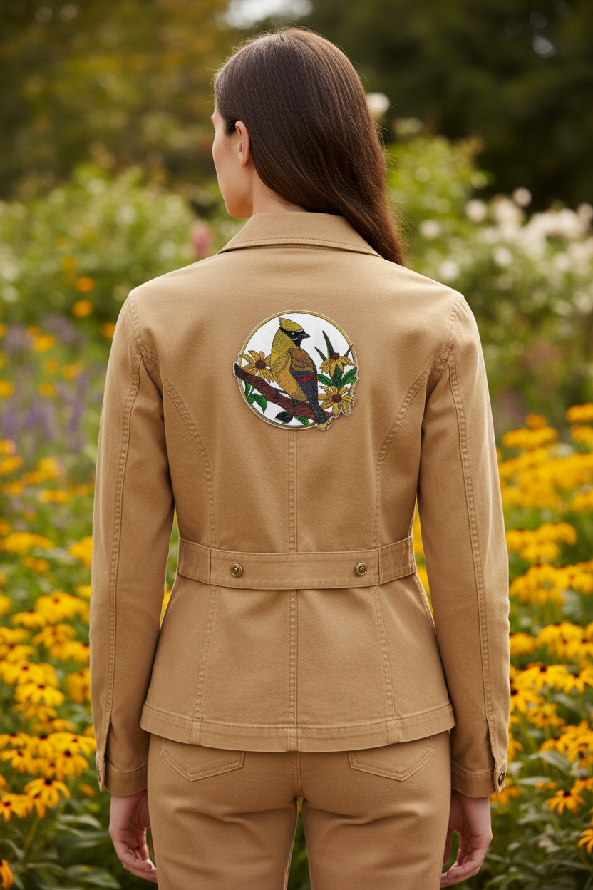 Model wearing jacket with cedar waxwing patch on back