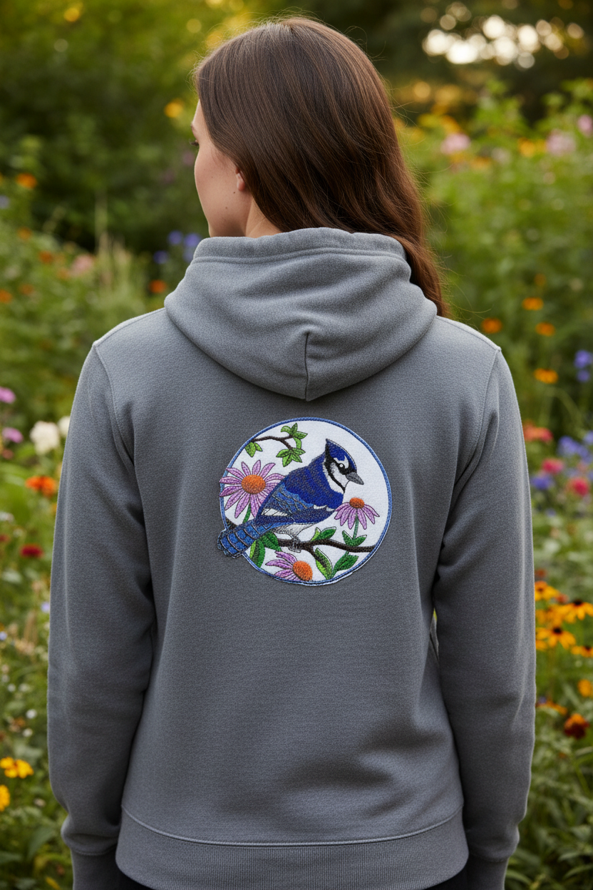 Model wearing hoodie with bluejay patch on back