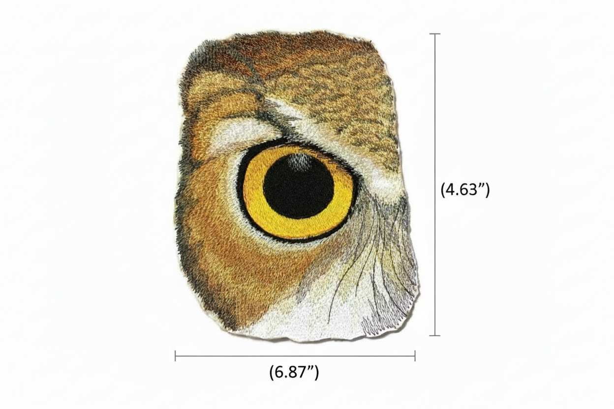 Eye of Owl embroidered patch with size measurements - 6.87 x 4.63 inches