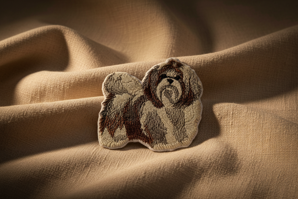 Artistic lifestyle photo of Shih Tzu patch on linen with dramatic lighting