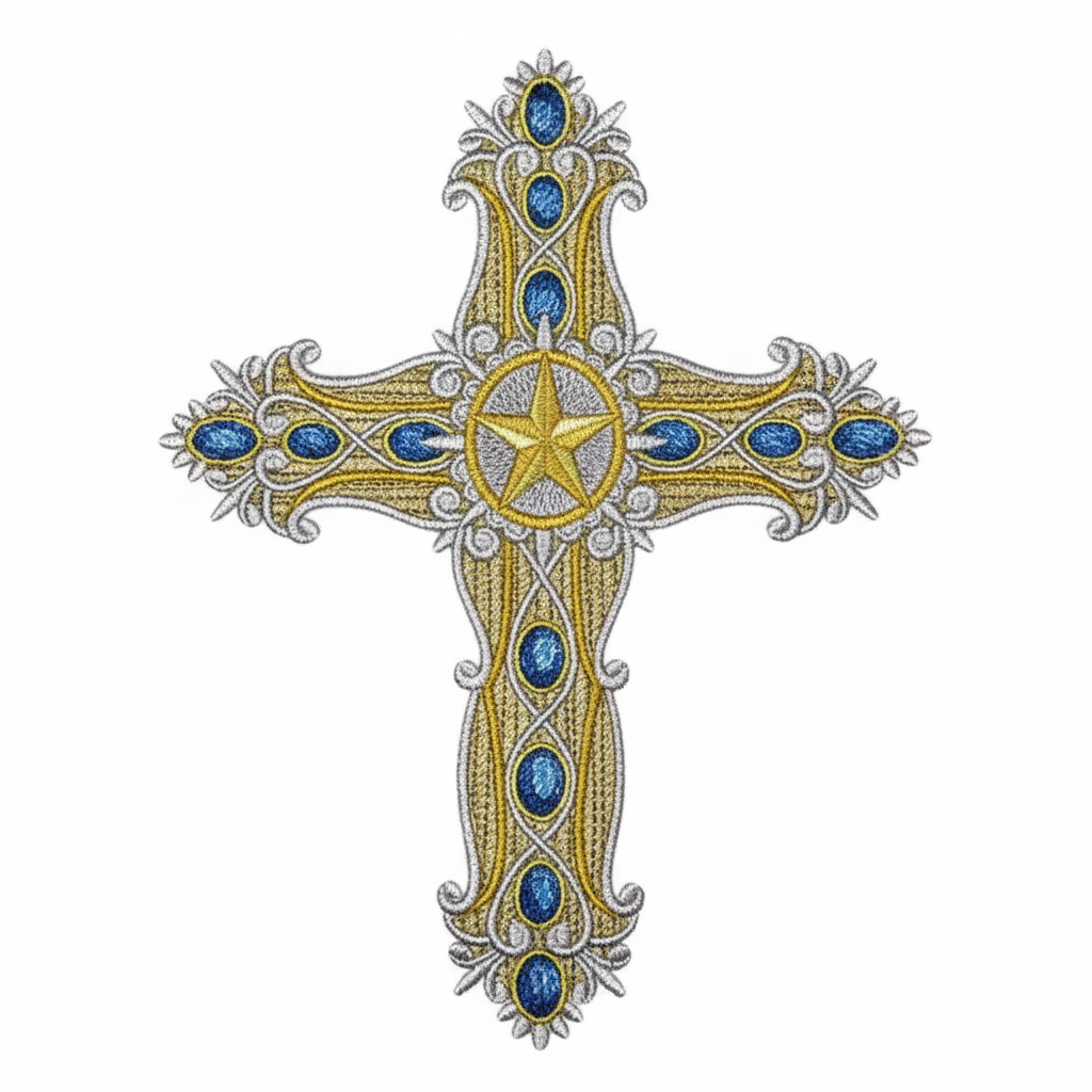 Ornate cross embroidered patch with blue gemstones on white background