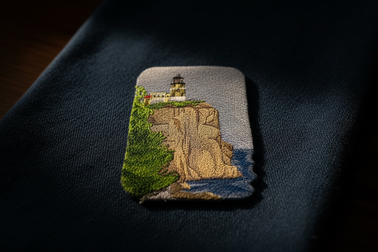 Artistic lifestyle photo of Split Rock Lighthouse patch on canvas with dramatic nautical lighting