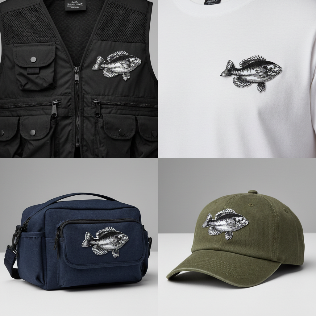 Grid comparison showing fish patch on vest, shirt, tackle bag, and hat
