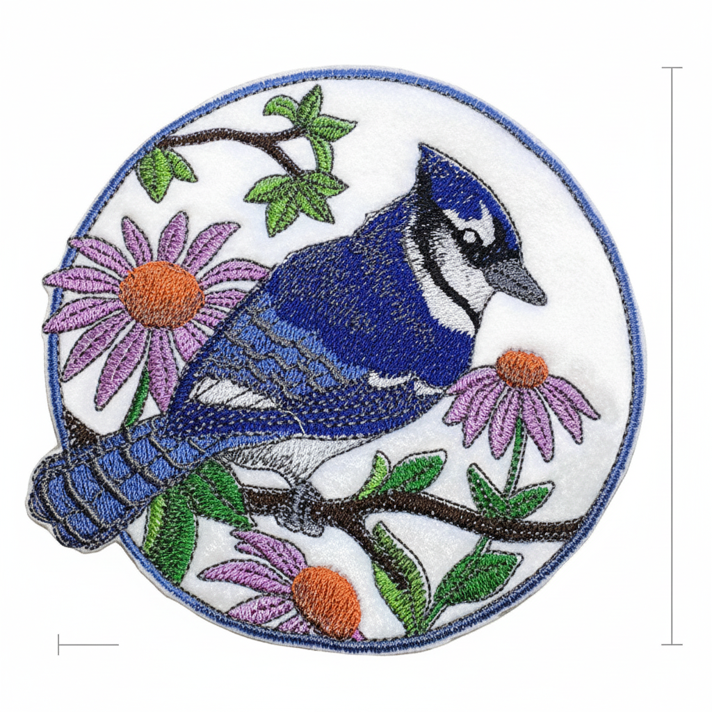 Bluejay patch with size measurement guide showing dimensions