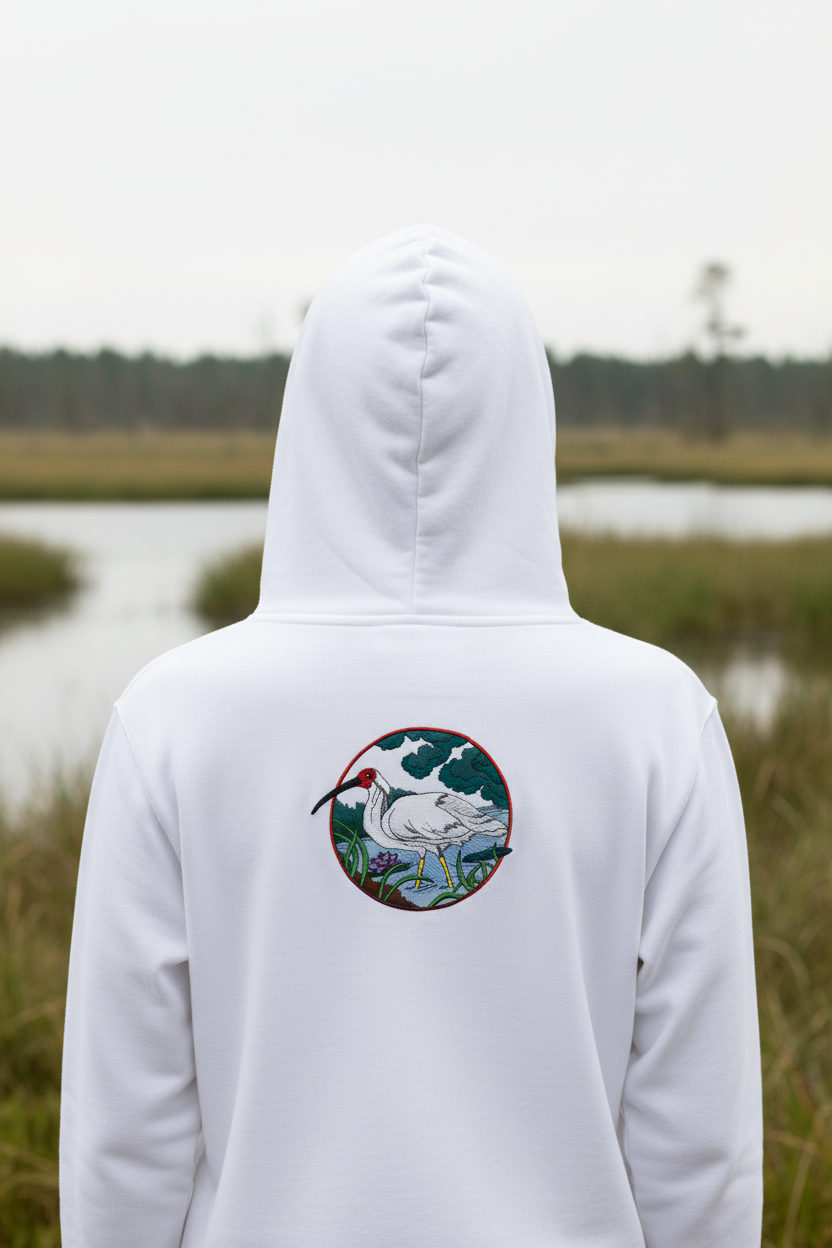 Model wearing hoodie with whooping crane patch on back