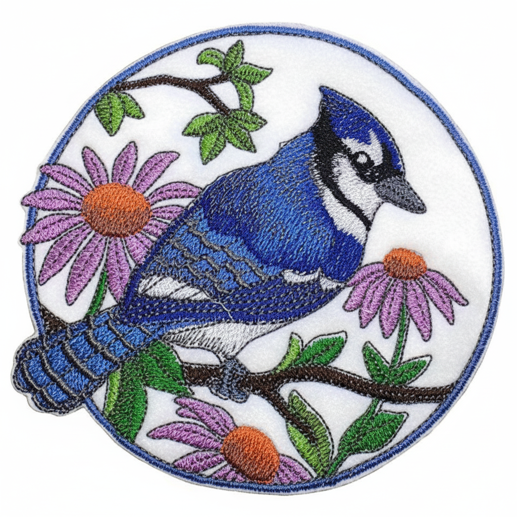 Bluejay and purple cornflowers embroidered patch on white background
