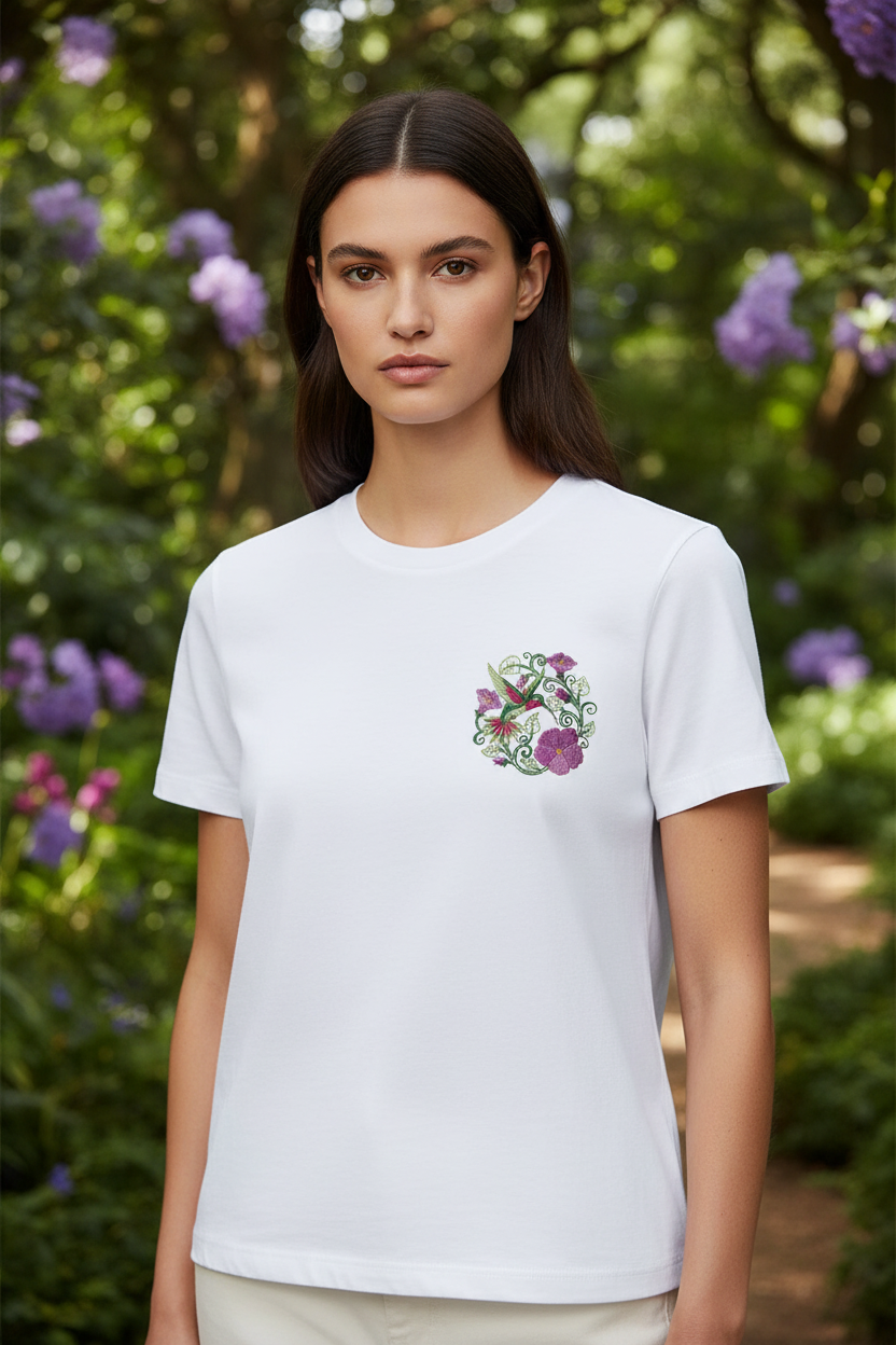 Model wearing t-shirt with hummingbird patch on chest