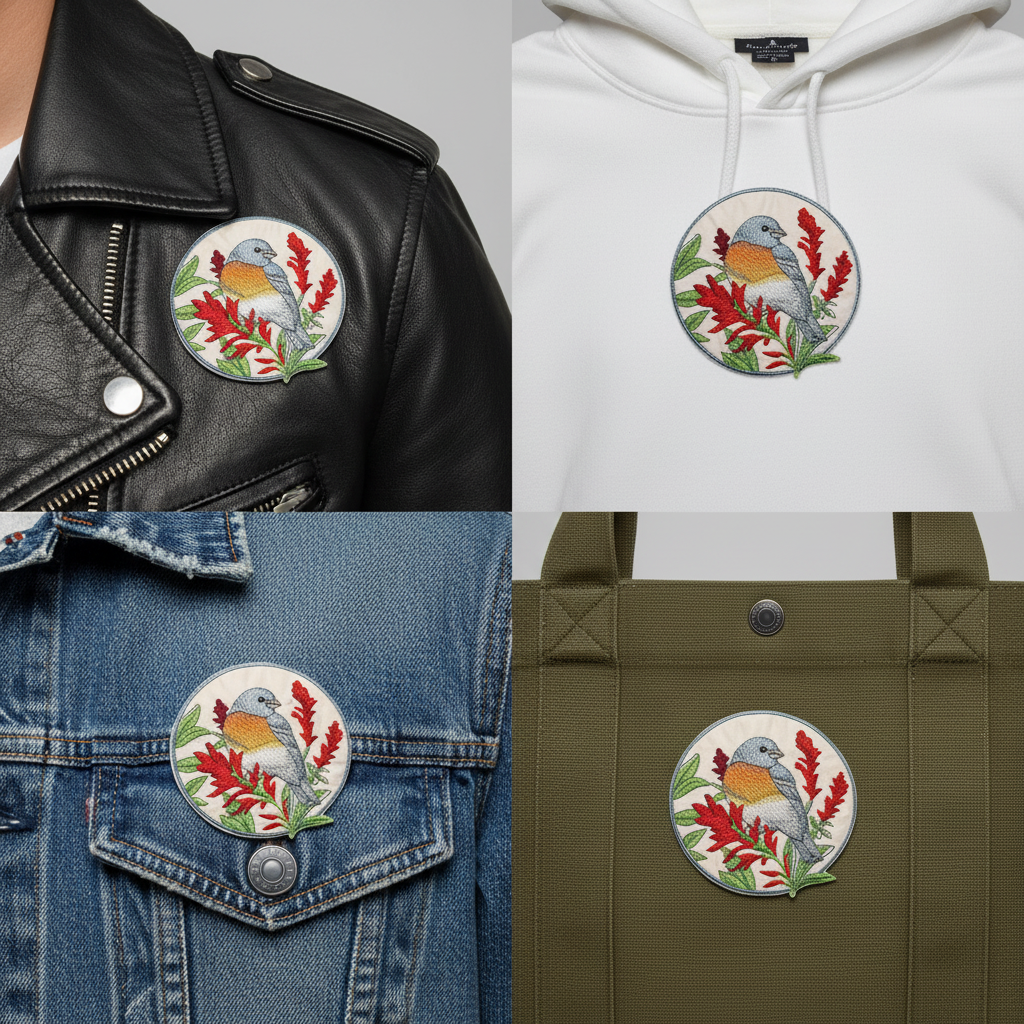 Lazuli bunting patch shown on different fabrics - jacket, hoodie, denim, canvas bag