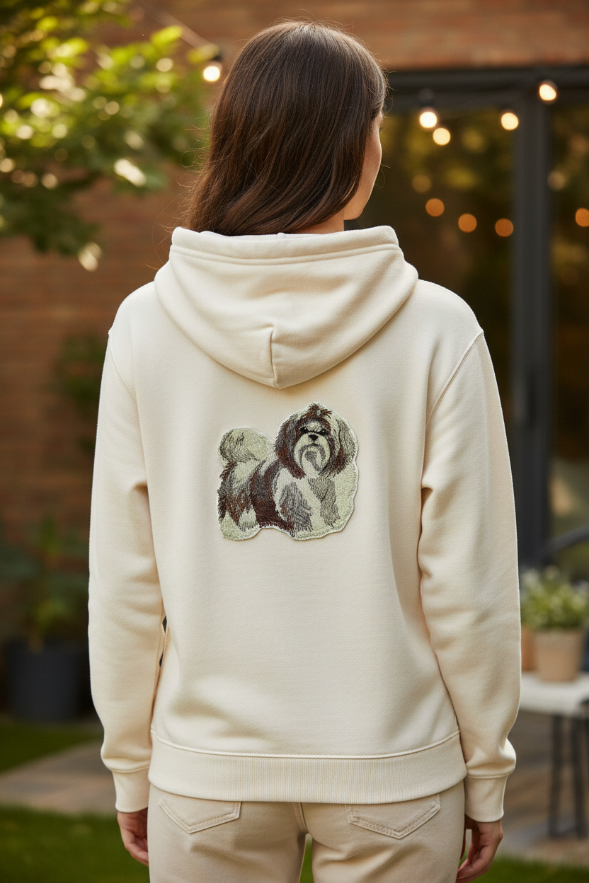 Model wearing hoodie with Shih Tzu patch on back in garden setting