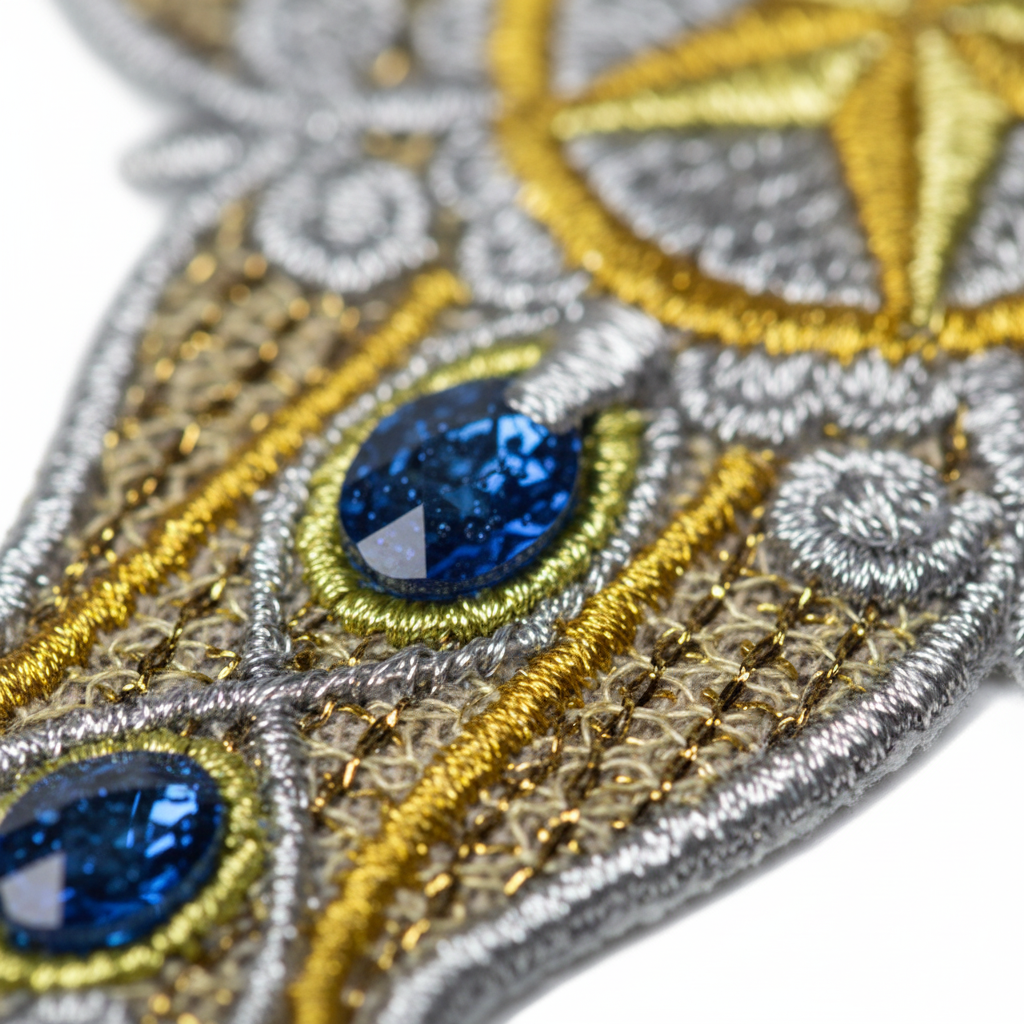 Macro detail of gold and silver embroidery stitching