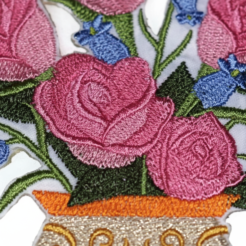 Extreme macro close-up of Victoria Rose patch embroidery stitching detail