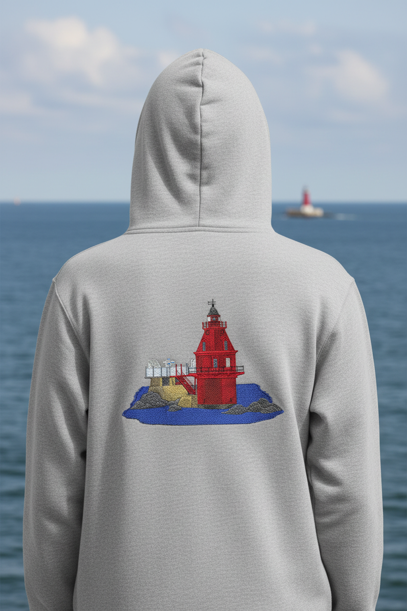 Model wearing hoodie with Ship John Shoal Lighthouse patch on back with ocean view