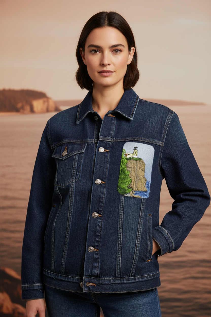 Fashion model wearing jacket with Split Rock Lighthouse patch on chest at Great Lakes shoreline