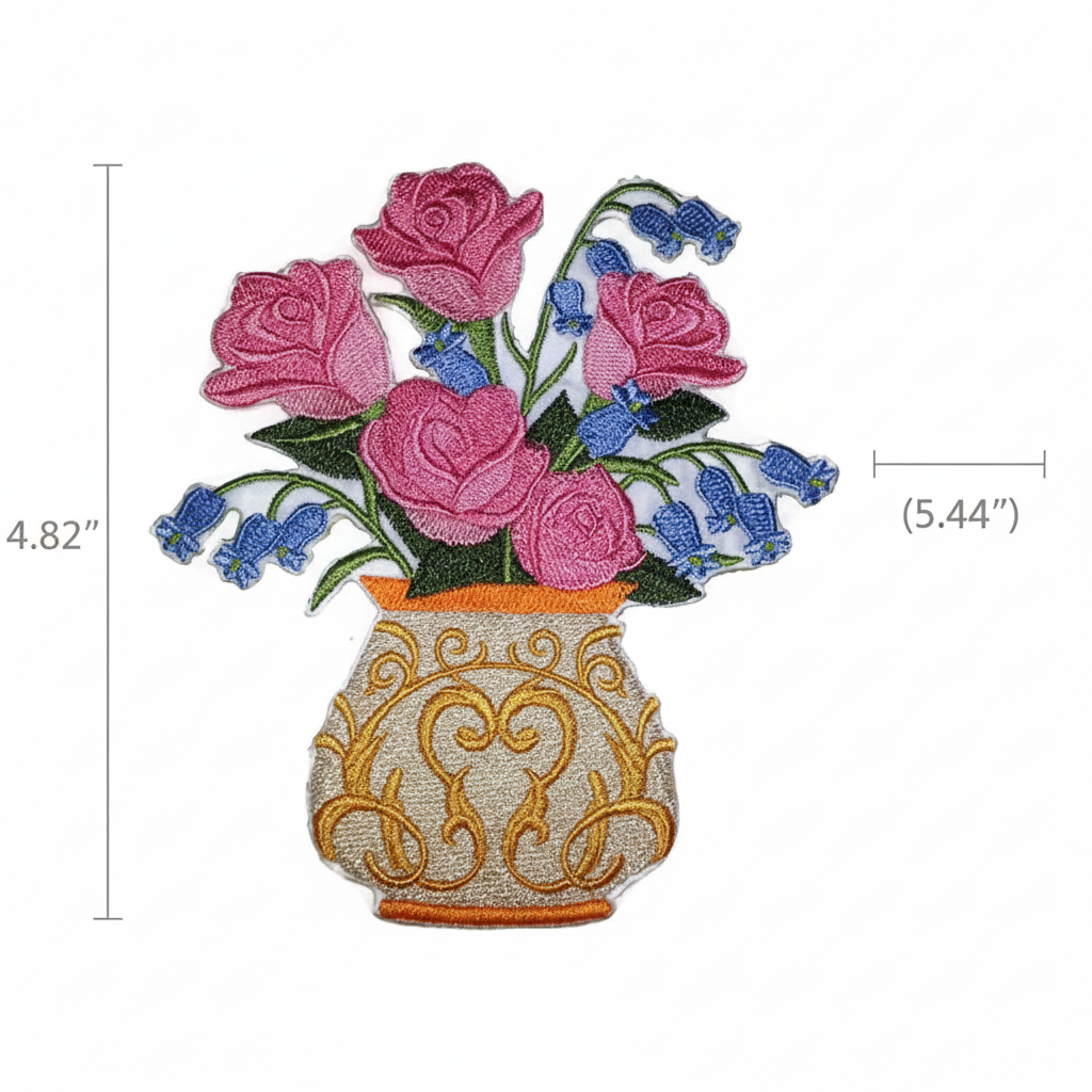 Victoria Rose and Blue Bells patch with size reference measuring lines showing 5.44 x 4.82 inch dimensions