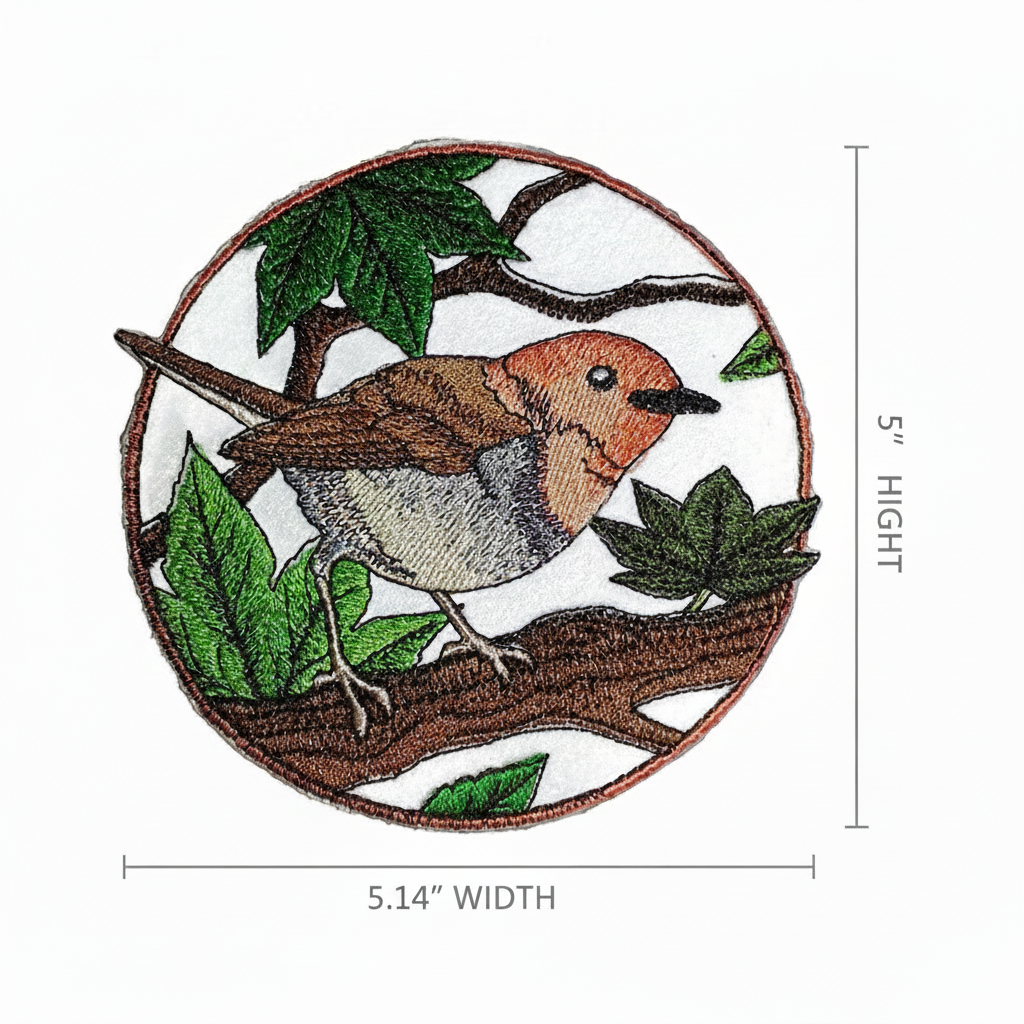 Hermit thrush patch with size measurement guide showing 3.9 inch dimensions