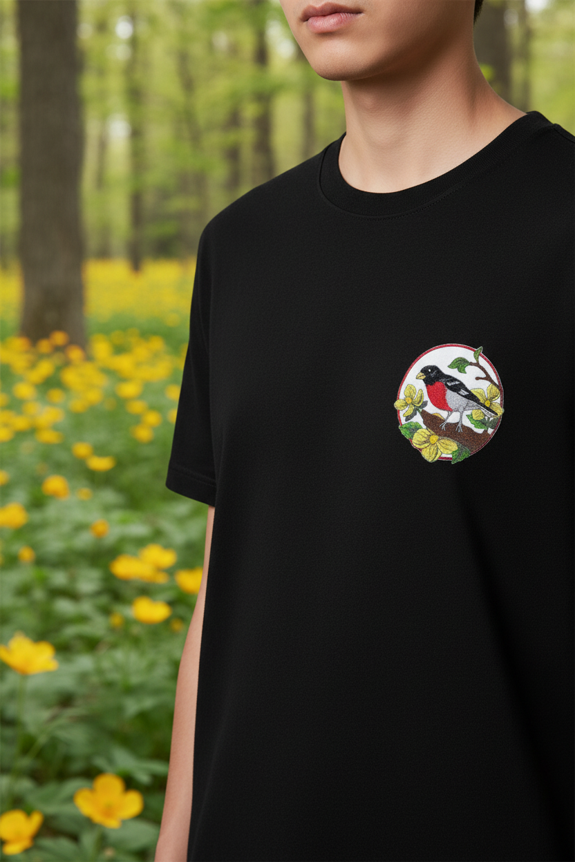 Model wearing t-shirt with rose-breasted grosbeak patch on chest