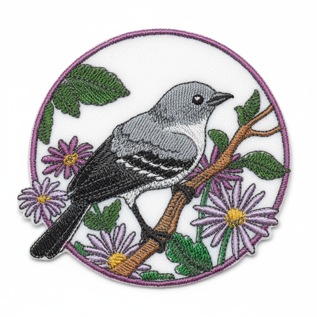 Mockingbird and aster embroidered patch on white background