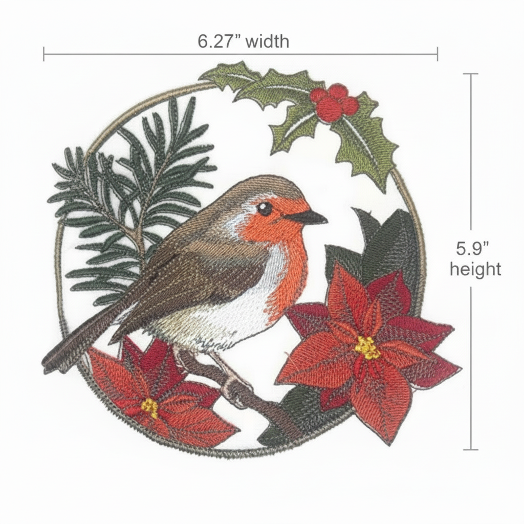 European robin Christmas patch with size measurement guide showing 4 inch dimensions