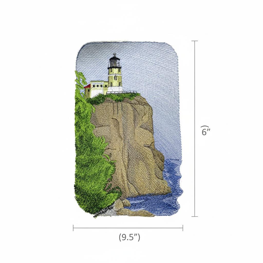 Split Rock Lighthouse patch with size reference measuring lines showing 9.5 x 6 inch dimensions