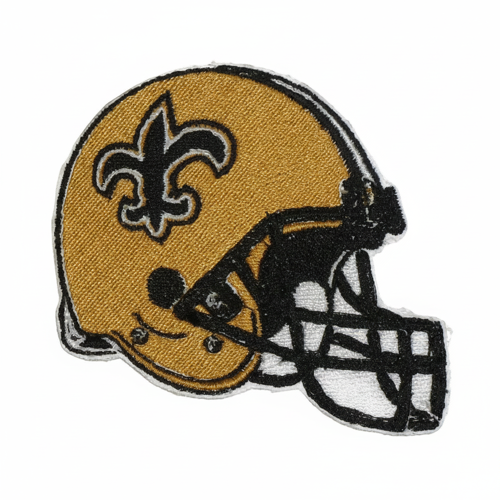 New Orleans Saints old-gold football helmet embroidered patch on a white background