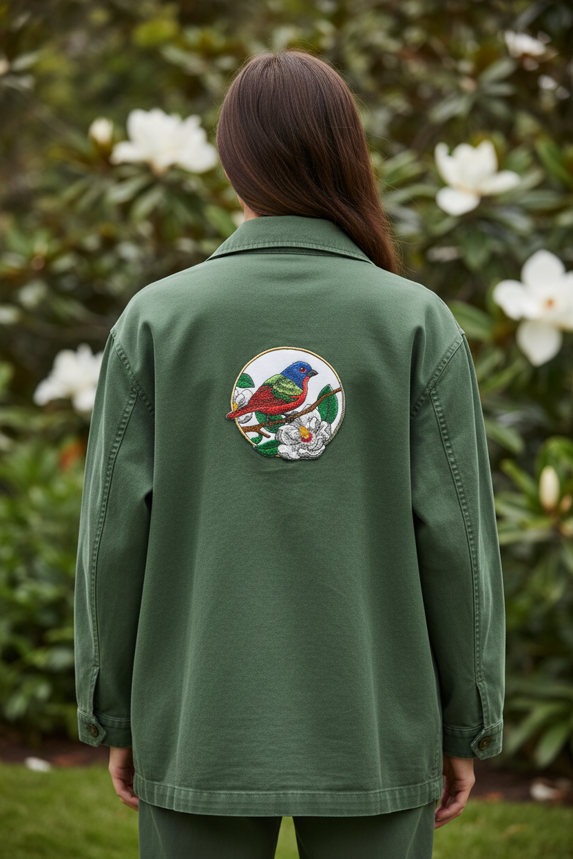 Model wearing jacket with painted bunting patch on back