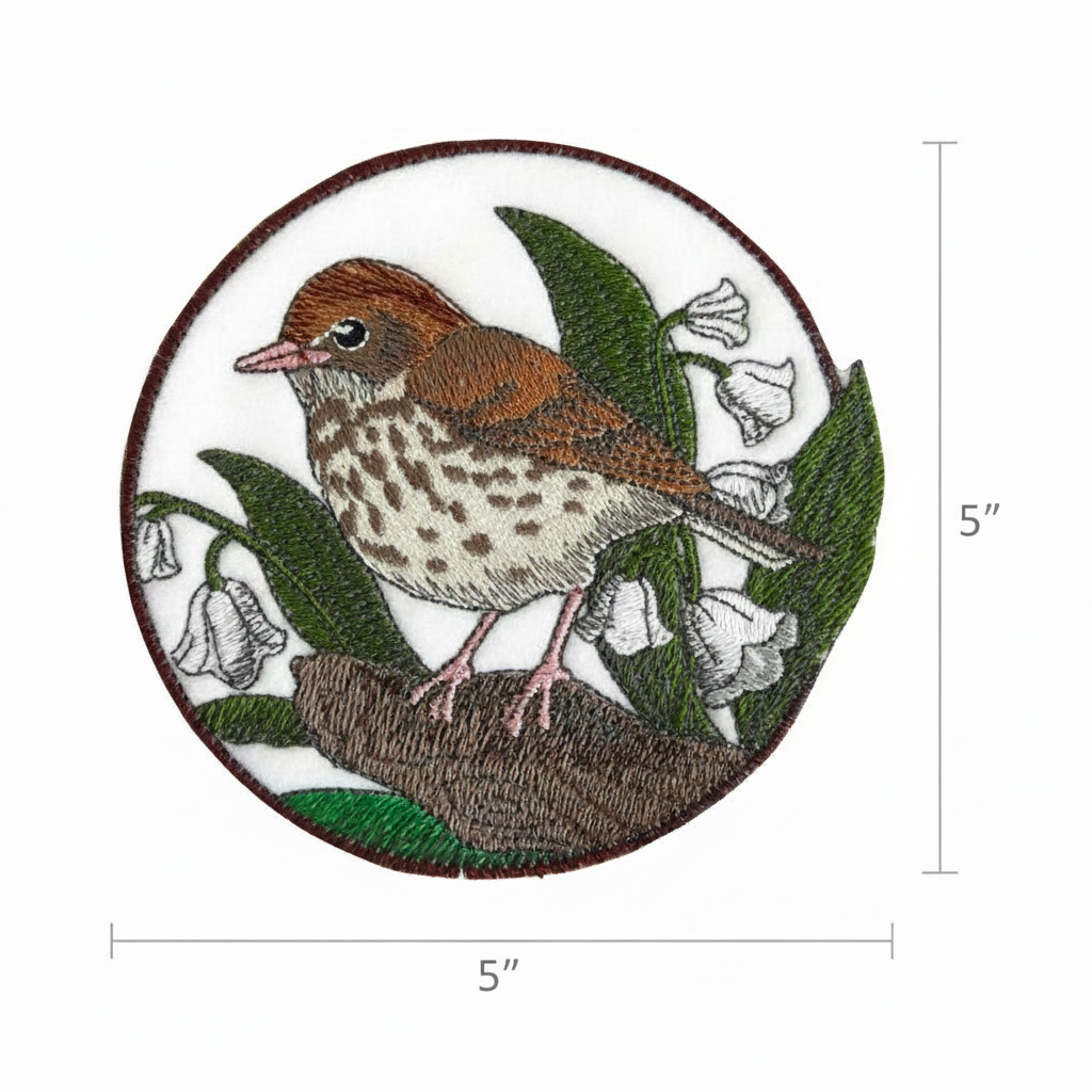 Wood thrush patch with size measurement guide showing 3.5 inch dimensions