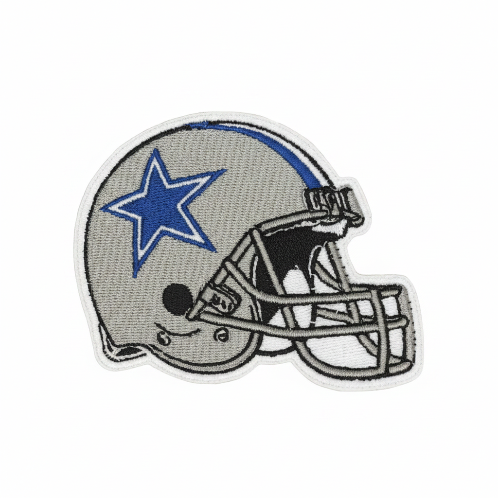Dallas Cowboys silver football helmet embroidered patch on a white background