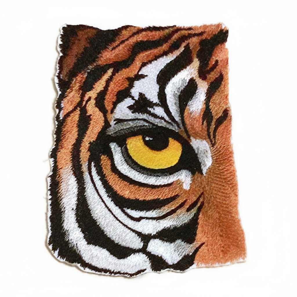 Ultra-high-resolution product photo of Eye of Tiger embroidered patch on white background