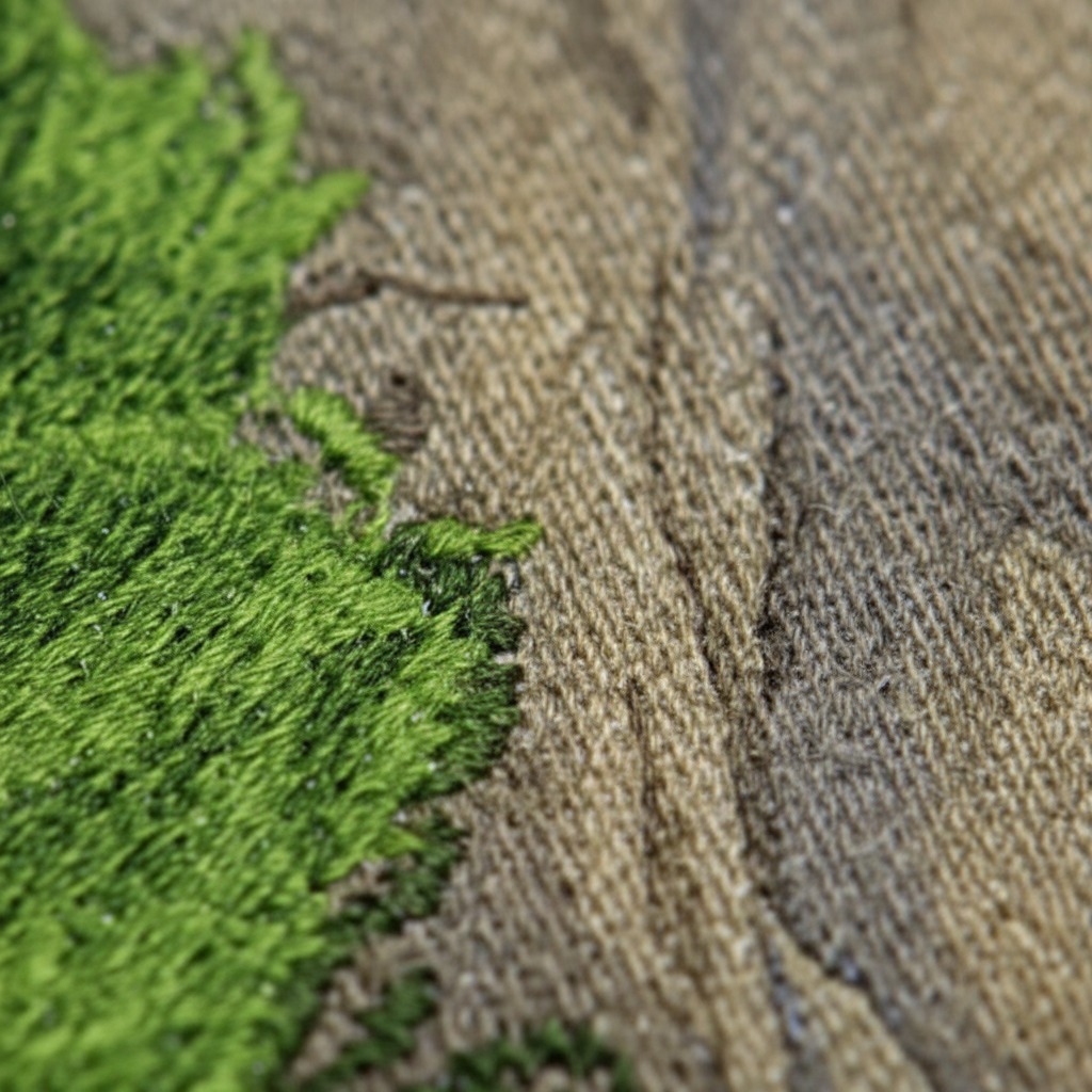 Extreme macro close-up of Split Rock Lighthouse patch embroidery stitching detail