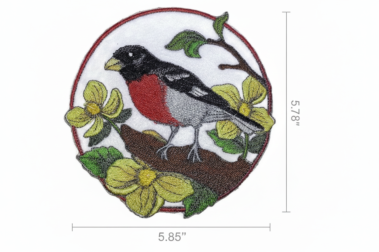 Rose-breasted grosbeak patch with size measurement guide showing 3.9 inch dimensions
