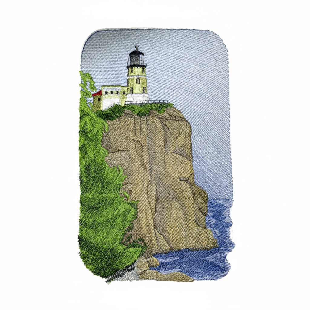 Split Rock Lighthouse Embroidered Patch - Amazon compliant product photo on white background