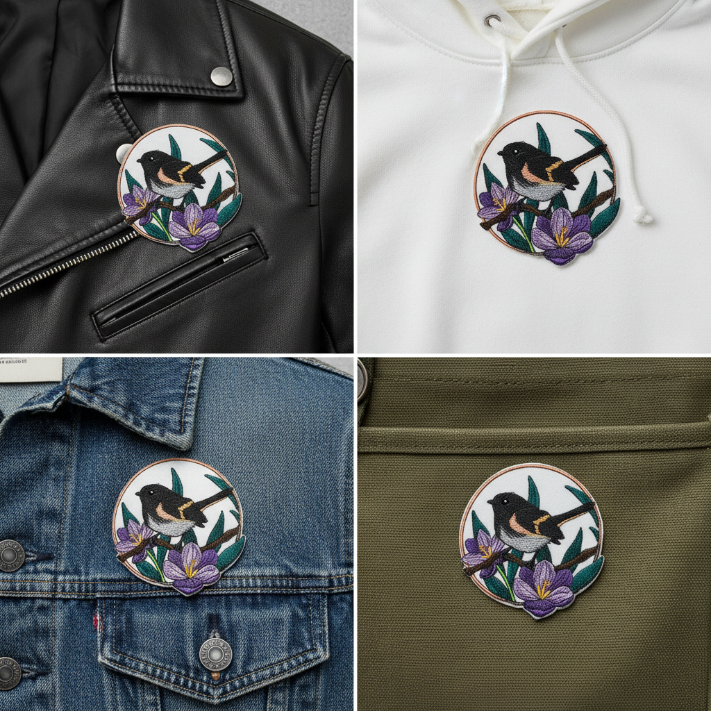 American redstart patch shown on different fabrics - jacket, hoodie, denim, canvas bag