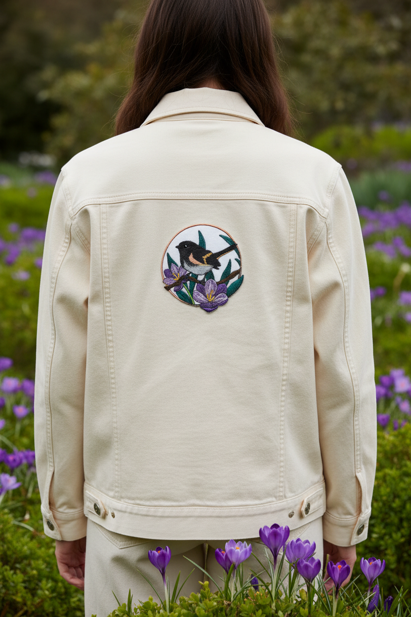 Model wearing jacket with American redstart patch on back