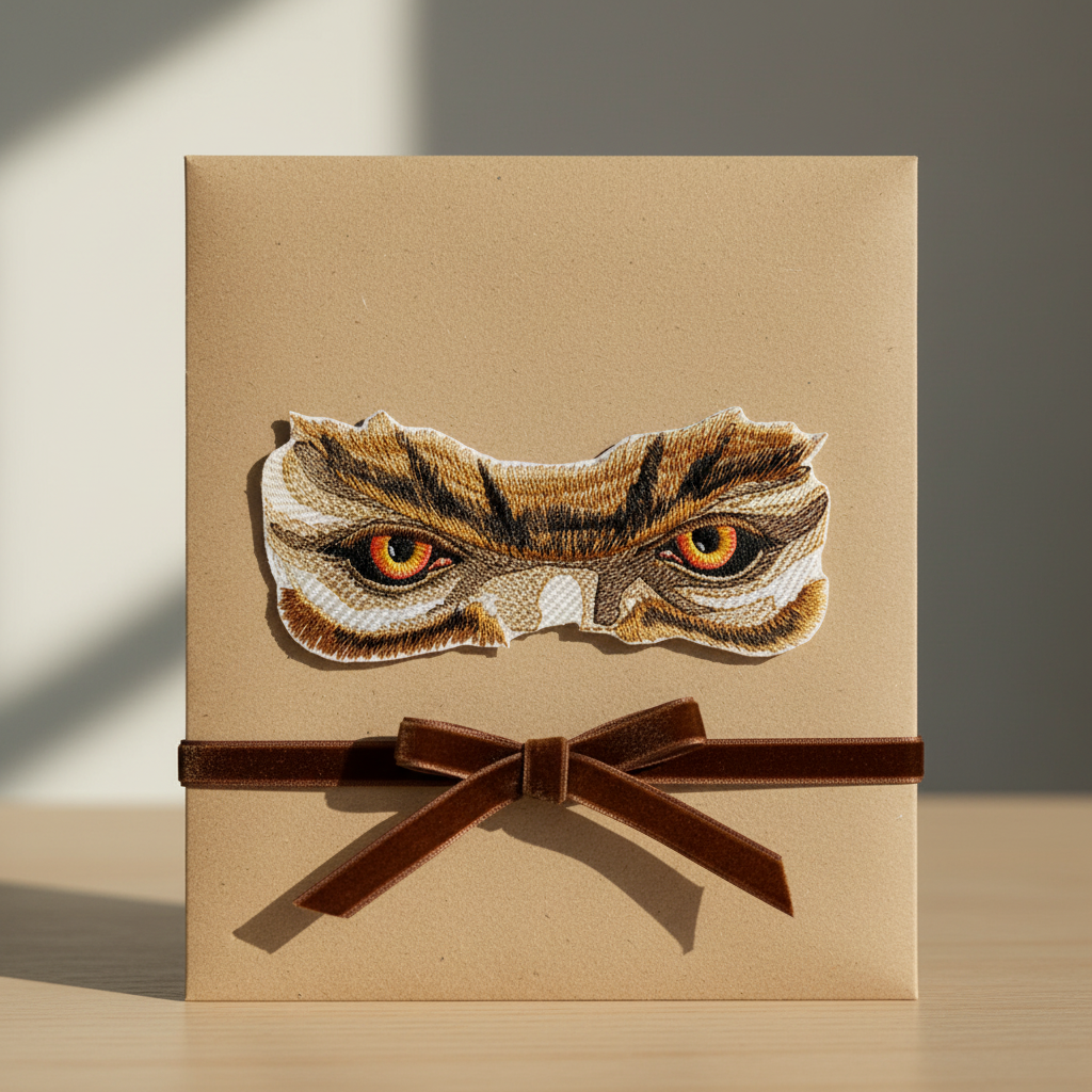 Werewolf eyes patch gift presentation on kraft paper with ribbon