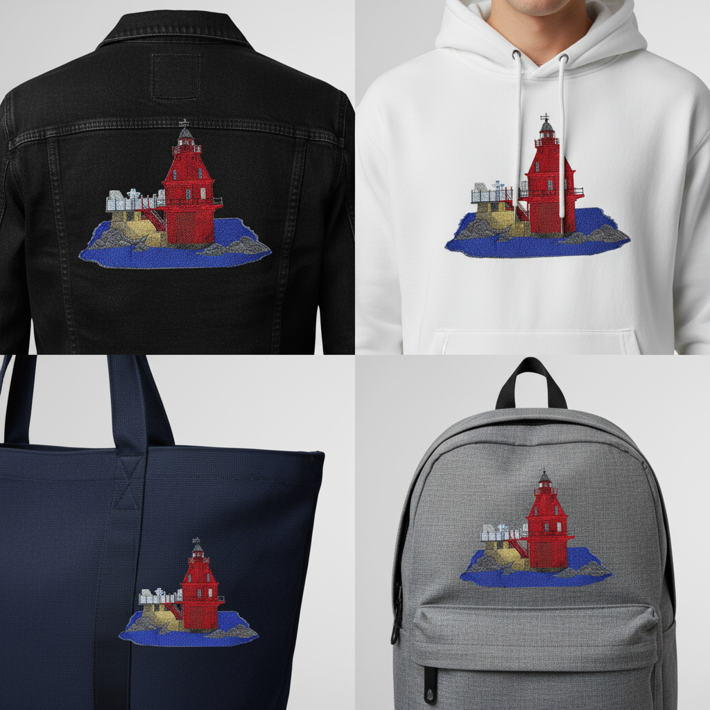 Grid comparison showing Ship John Shoal Lighthouse patch on jacket, hoodie, tote bag, and backpack
