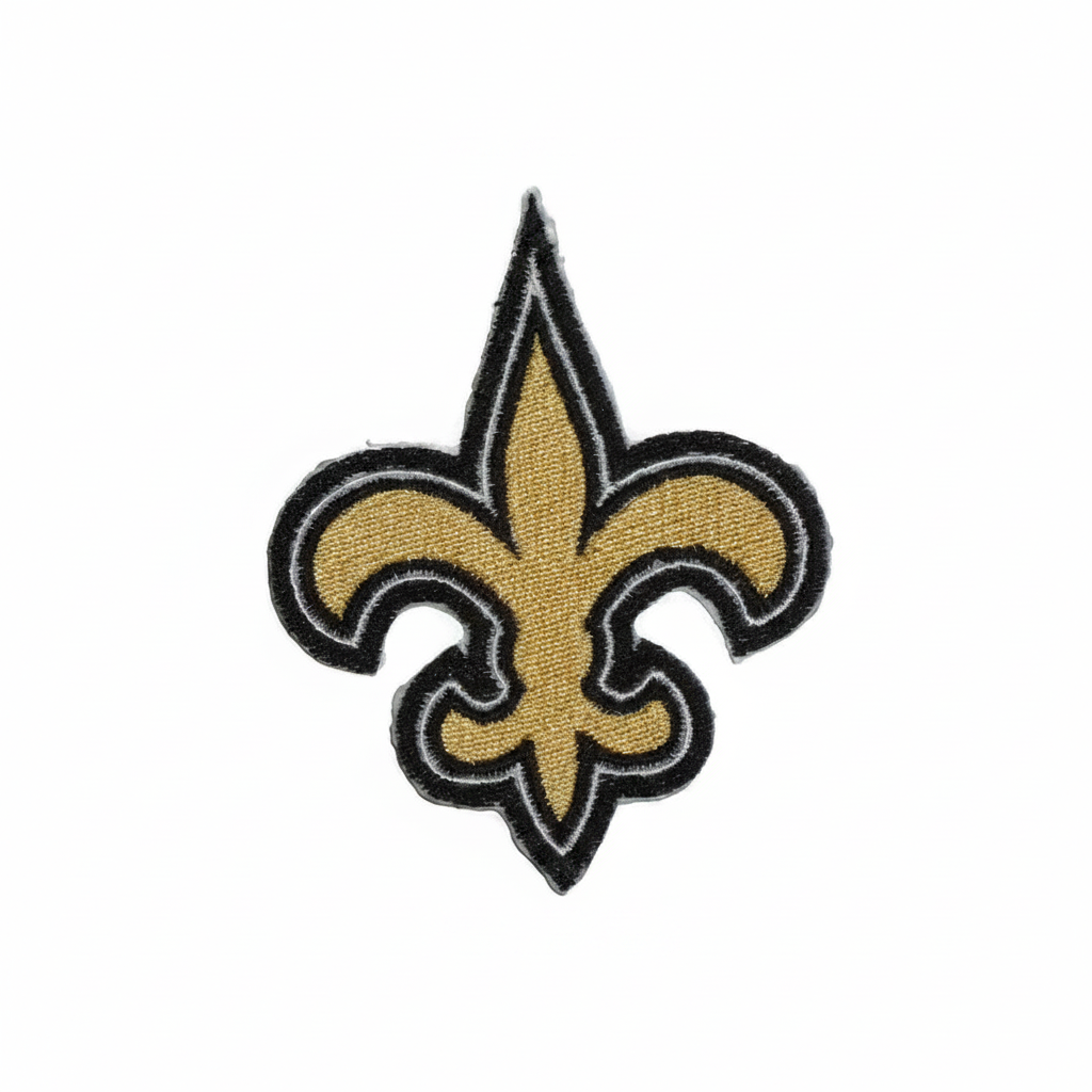 New Orleans Saints embroidered gold fleur-de-lis patch on a white background