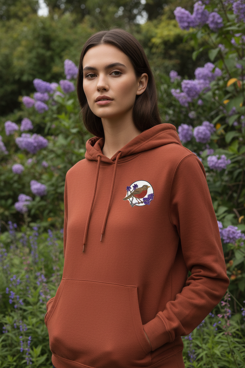 Model wearing hoodie with robin patch on chest