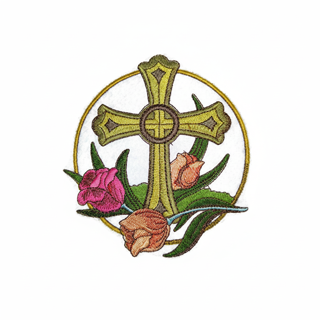 Circular cross with roses embroidered patch on white background